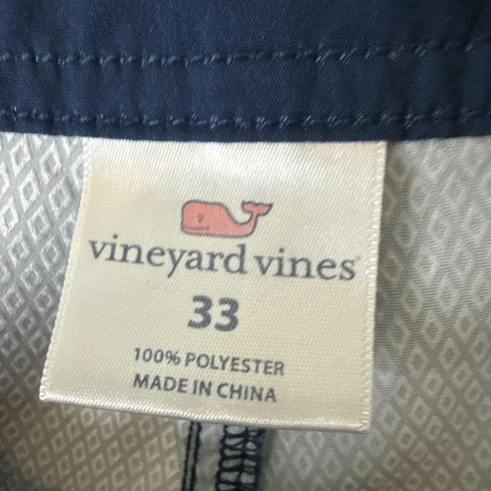 Vineyard Vines Board Shorts Men's Sz 33 Navy Blue All Over Print Fish Bones Swim